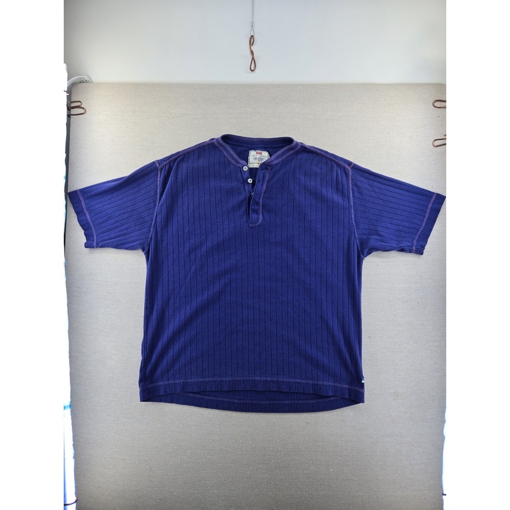 Vintage Levis Short Sleeve Ribbed Henley T Shirt Blue Cotton Size XL